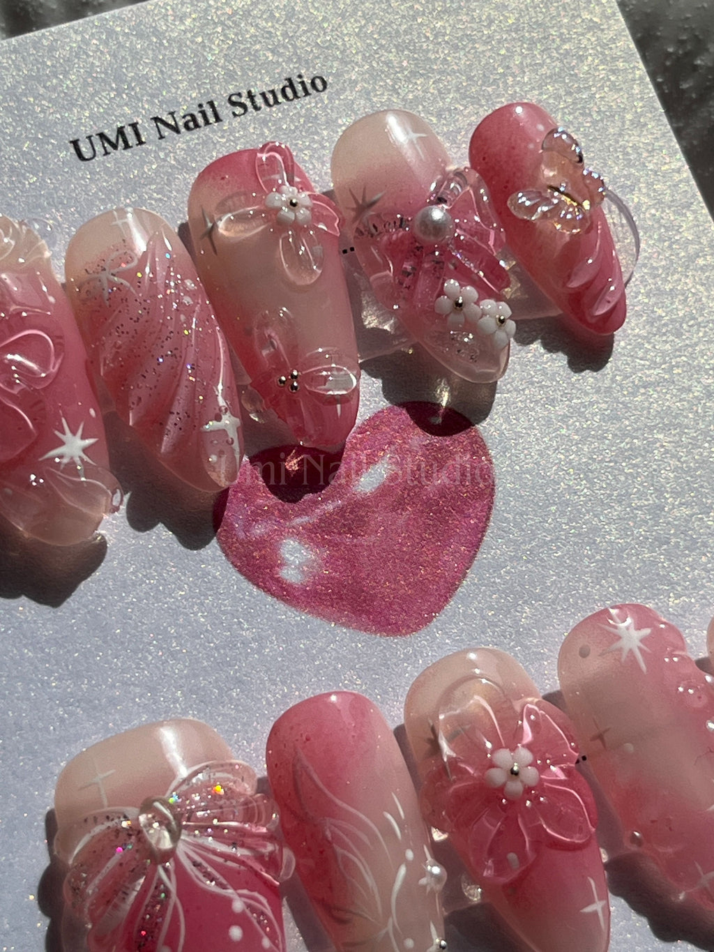 Valentine | Hand-Painted Coquette 3D Floral & Ribbon Luxury Press-On Nails