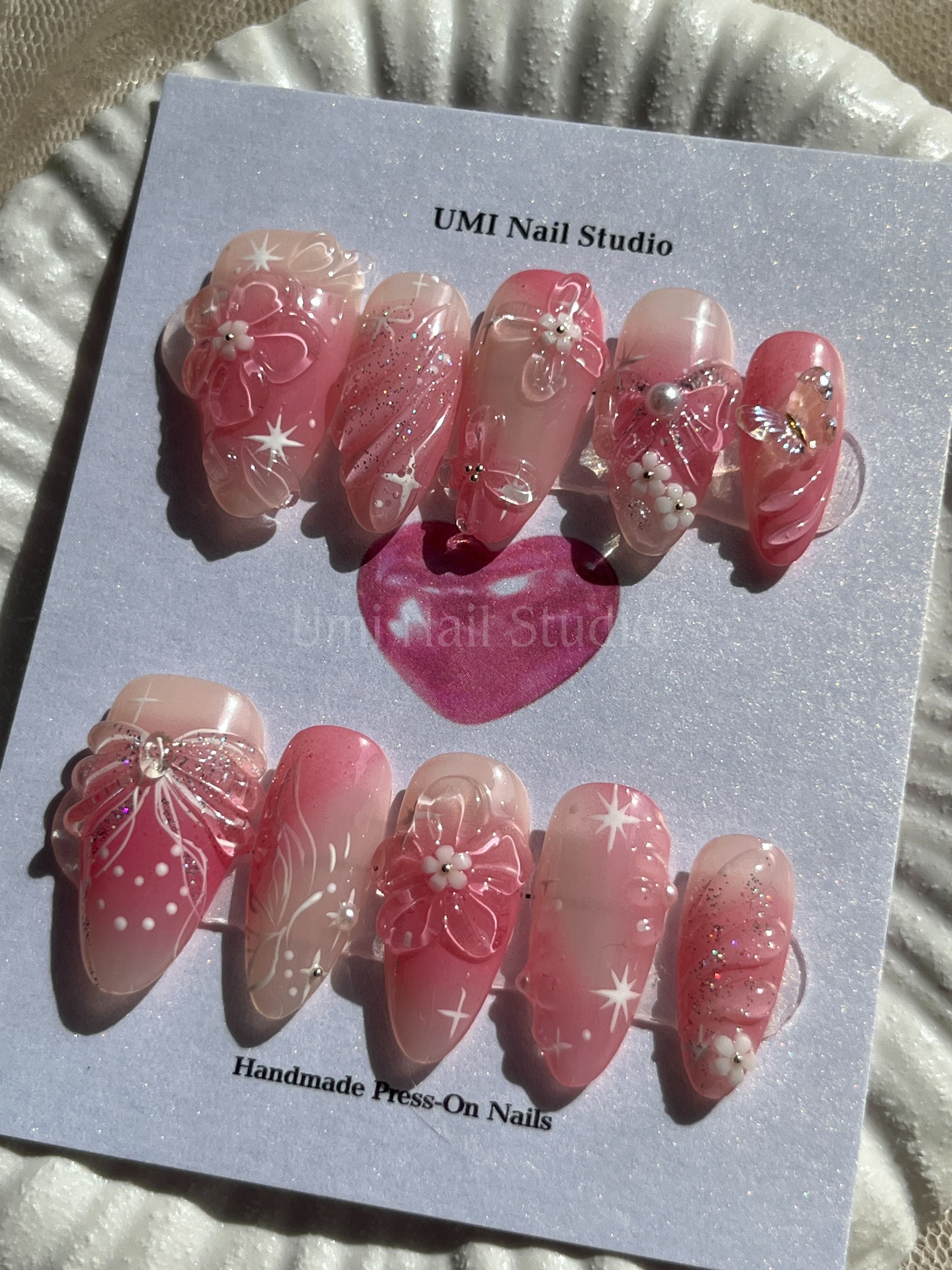 Valentine | Hand-Painted Coquette 3D Floral & Ribbon Luxury Press-On Nails